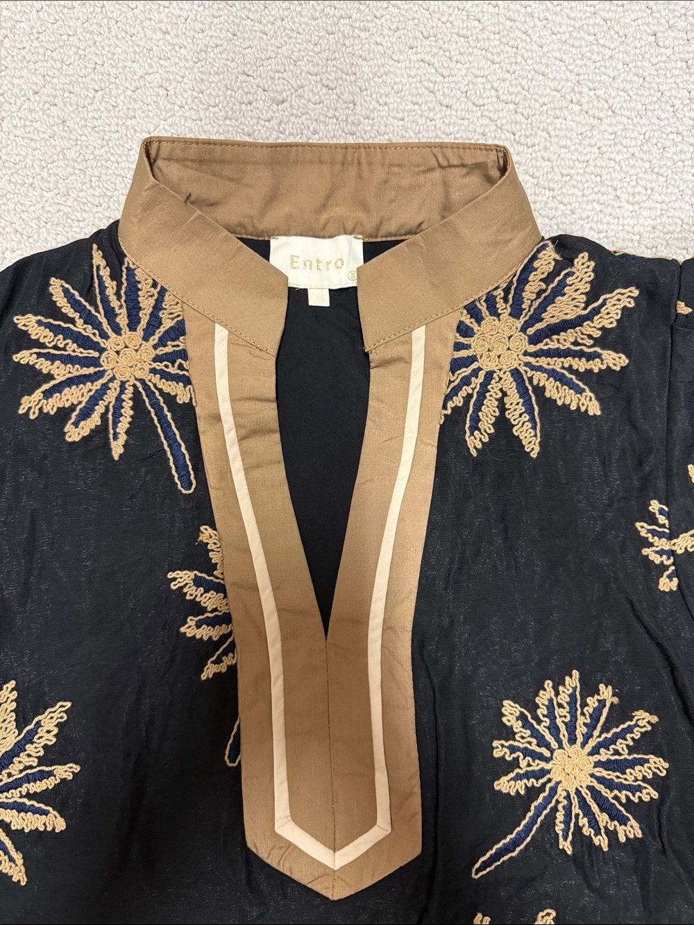 entro Black Tunic with Tan Trim and Navy Embroidery